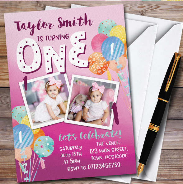 1St Birthday Photo Girl Balloons Children's Birthday Party Invitations