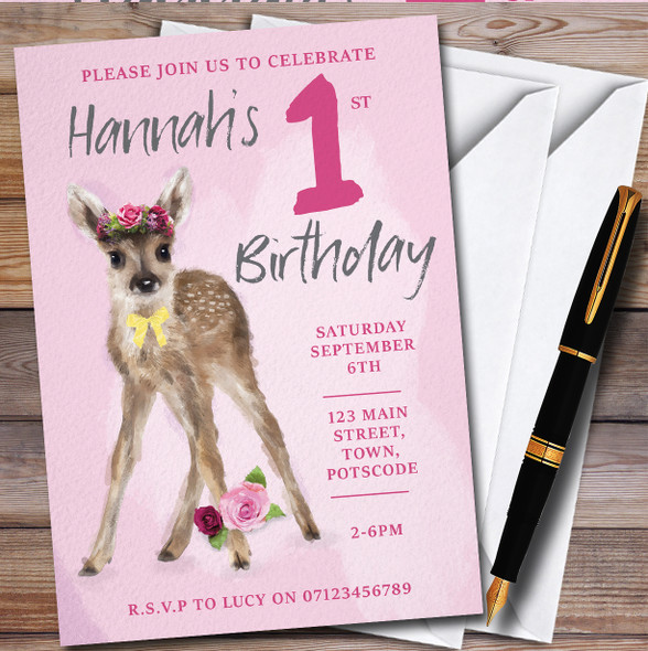 Deer Watercolour Pink Any Age Personalised Children's Birthday Party Invitations