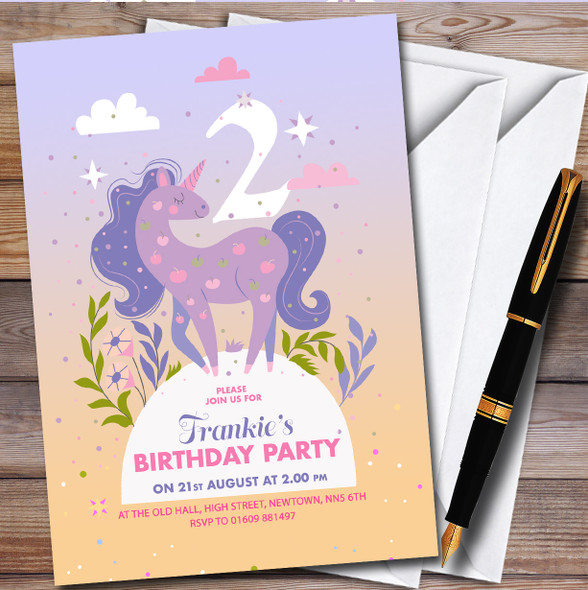 Any Age Purple Unicorn Clouds Personalised Children's Birthday Party Invitations