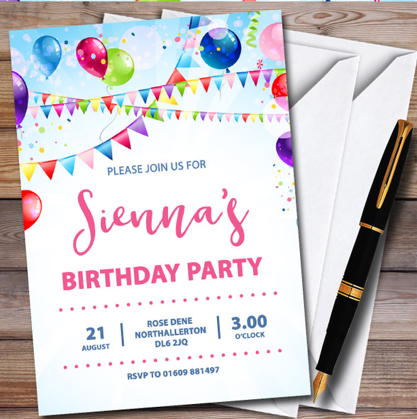 Balloons Bunting Bokeh Personalised Children's Kids Birthday Party Invitations