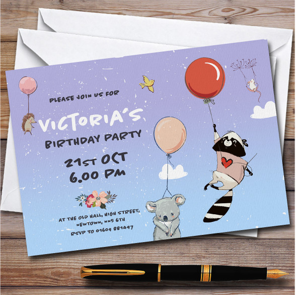 Raccoon Koala Hedgehog Personalised Children's Kids Birthday Party Invitations