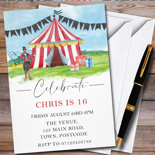 Watercolour Circus Tent Ringmaster Children's Birthday Party Invitations