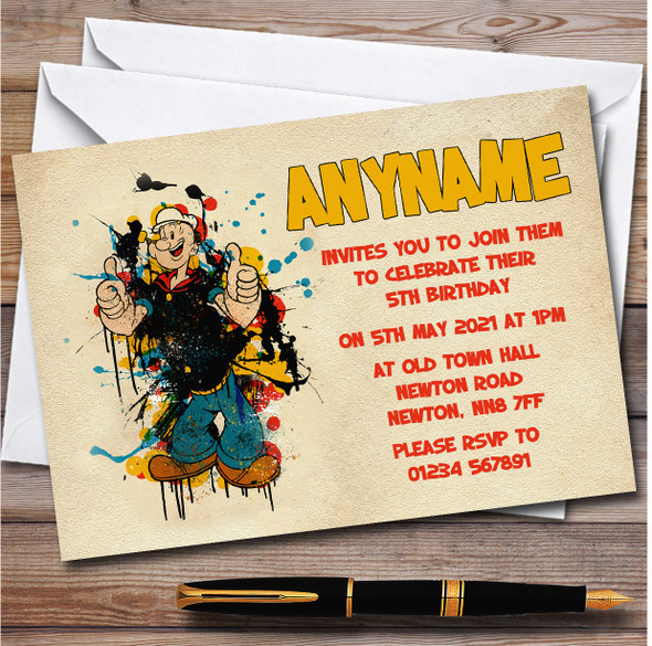 Popeye The Sailor Splatter Vintage Children's Birthday Party Invitations