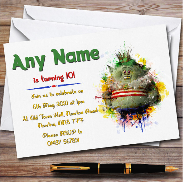 Trolls Green Watercolour Splatter Children's Birthday Party Invitations