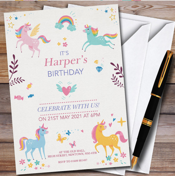 Magical Unicorns Floral Rainbow Children's Birthday Party Invitations
