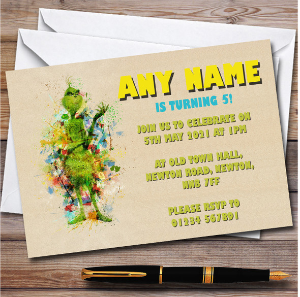 The Grinch Watercolour Splatter Children's Birthday Party Invitations