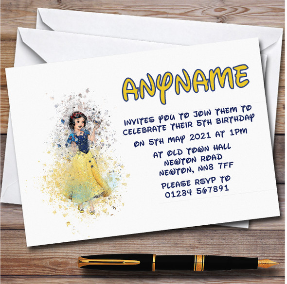 Watercolour Splatter Snow White Children's Birthday Party Invitations