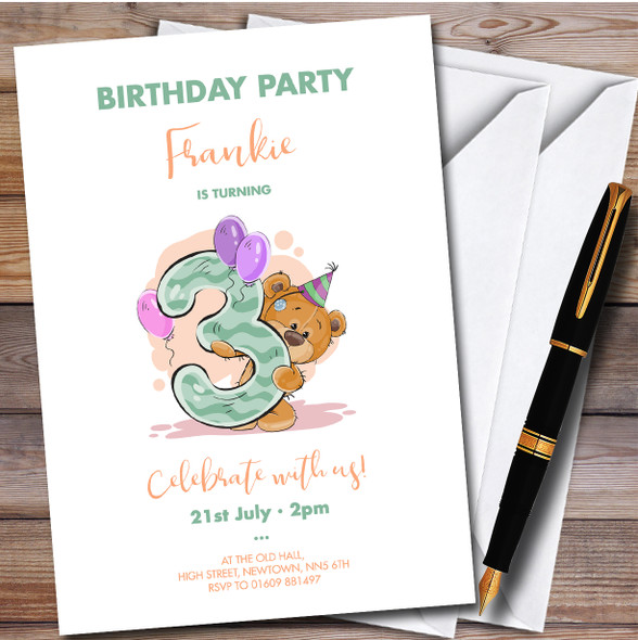 Cute Bear 3Rd Personalised Children's Kids Birthday Party Invitations