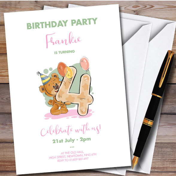 Cute Bear 4Th Personalised Children's Kids Birthday Party Invitations