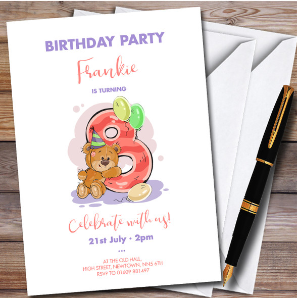 Cute Bear 8Th Personalised Children's Kids Birthday Party Invitations