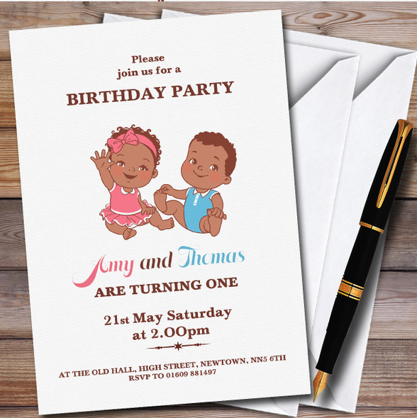 Dark Skin Boy Girl Twin Babies Children's Birthday Party Invitations