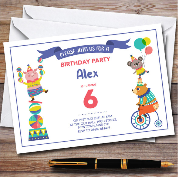 Circus Animals Balloons Banner Children's Birthday Party Invitations