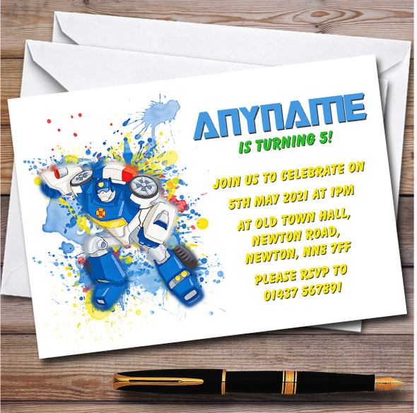 Rescue Bots Chase Splatter Art Children's Birthday Party Invitations