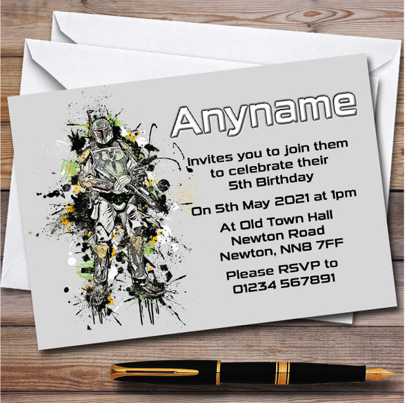 Boba Fett Watercolour Splatter Children's Birthday Party Invitations