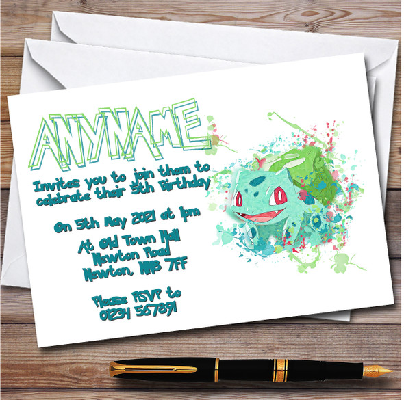 Bulbasaur Pokémon Splatter Art Children's Birthday Party Invitations