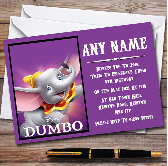 Dumbo Purple Personalised Children's Kids Birthday Party Invitations