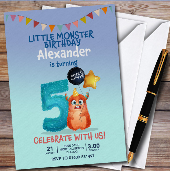Monster 5Th Personalised Children's Kids Birthday Party Invitations