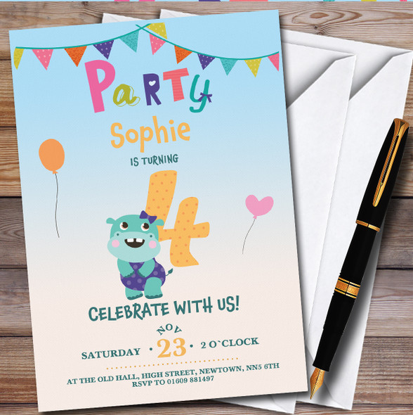 Hippo 4Th Personalised Children's Kids Birthday Party Invitations