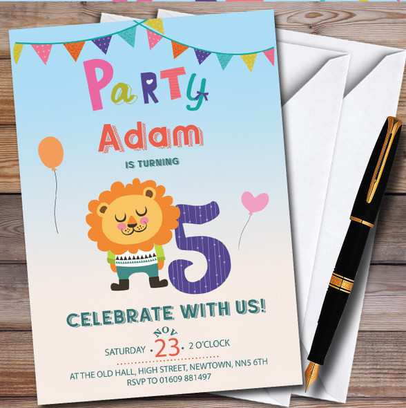 Lion 5Th Personalised Children's Kids Birthday Party Invitations