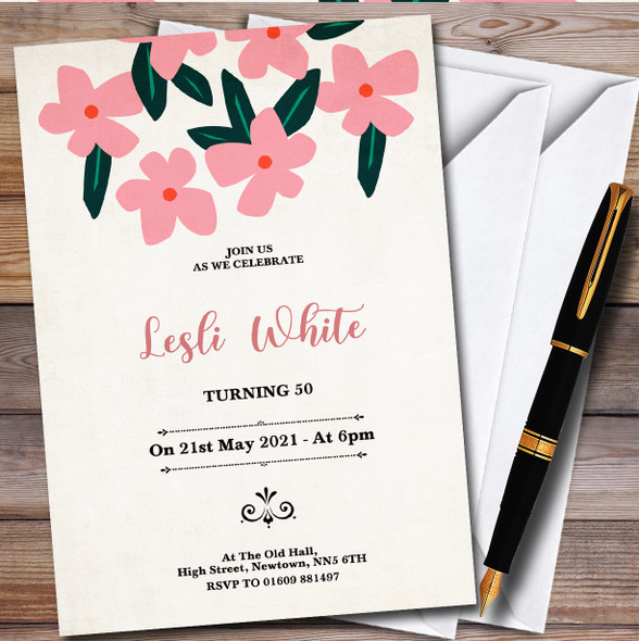 Simple Cream With Pink Flowers Personalised Birthday Party Invitations