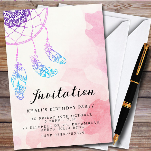 Dreamcatcher Watercolour Pink Personalised Birthday Party Invitations