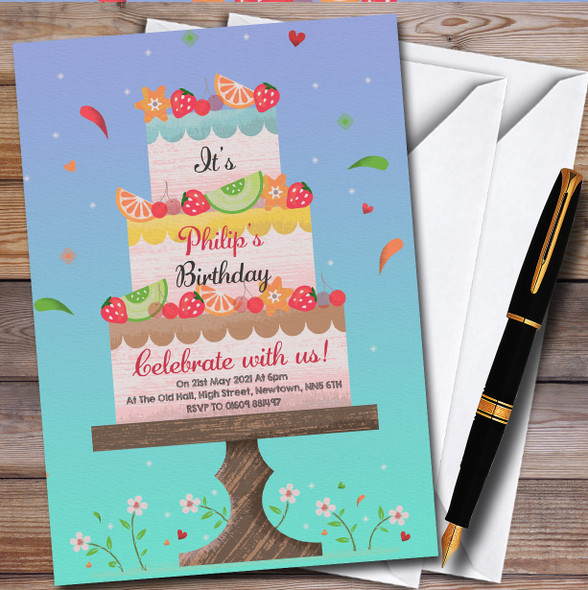 Fruity Cake On Stand Personalised Birthday Party Invitations