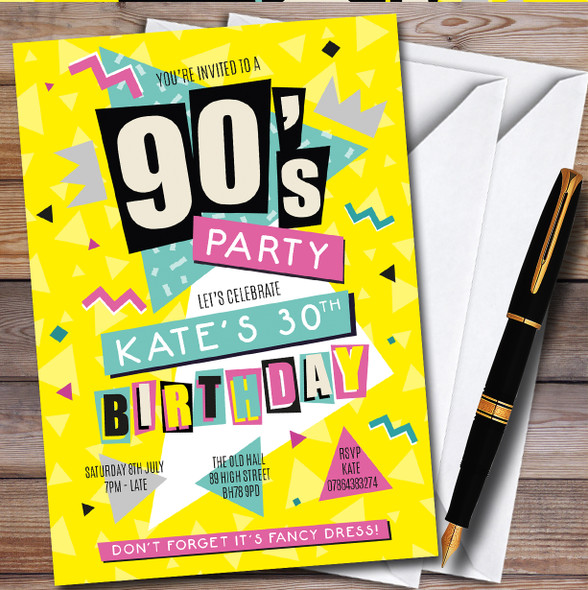 90'S Yellow Retro Personalised Birthday Party Invitations