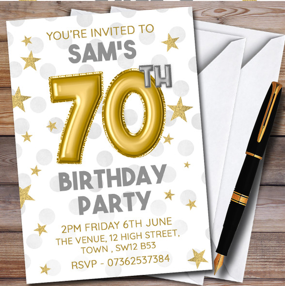 Gold Balloons & Stars 70Th Personalised Birthday Party Invitations