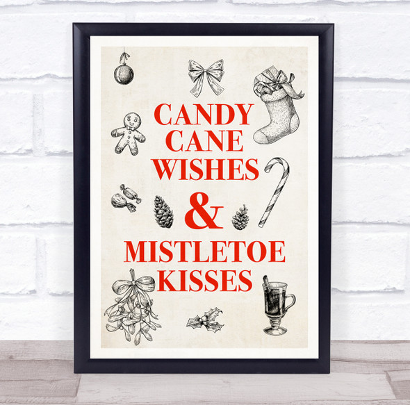 Candy Cane Wishes And Mistletoe Kisses Grey Candy Cane Christmas Wall Art Print