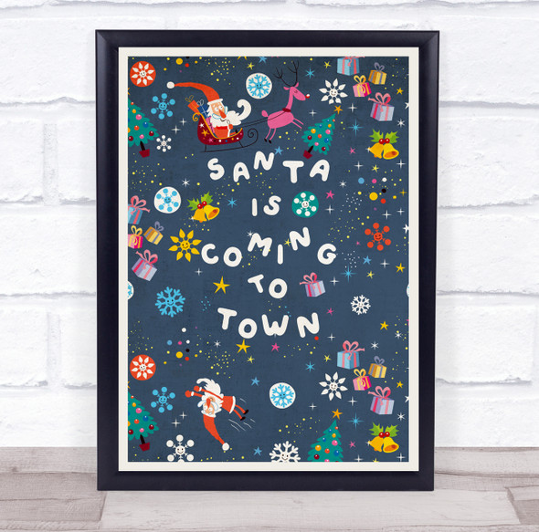 Cartoon Santa Santa Claus Is Coming To Town Blue Christmas Wall Art Print