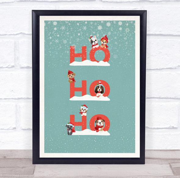 Dogs Teal Portrait Christmas Ho Ho Ho Wall Art Print