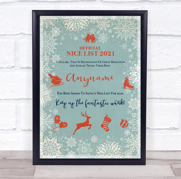 Official Nice List Snowflakes Christmas Sign Personalised Certificate Award