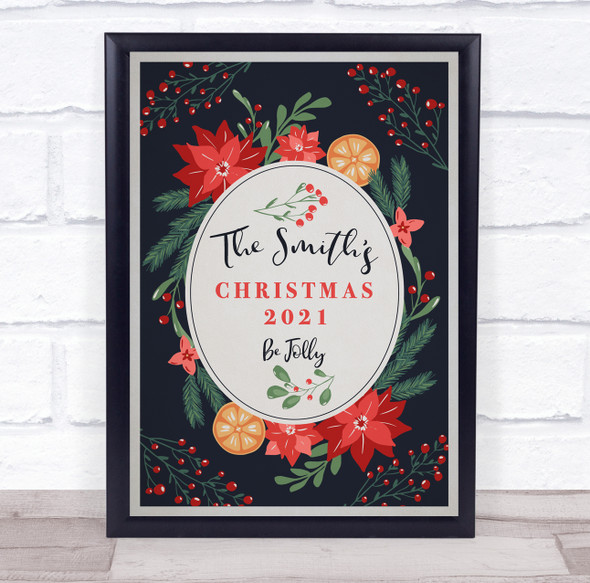 Personalised Family Name Dark Blue Be Jolly Christmas Event Sign Print