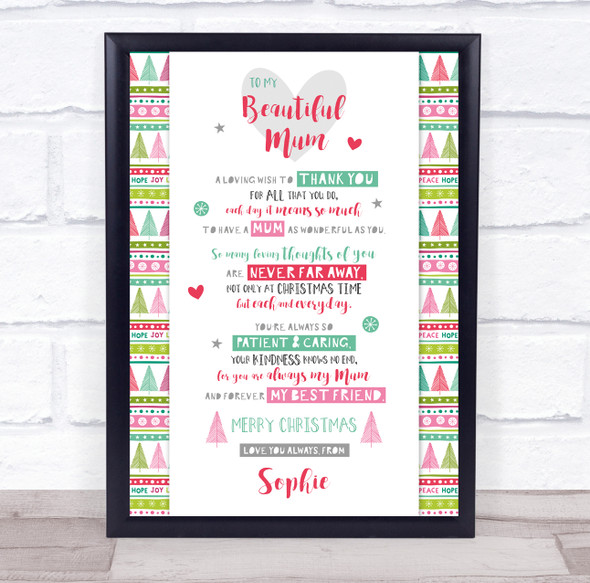 Personalised Christmas Poem Mum Colourful Trees Event Sign Print