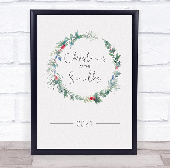Personalised Christmas At Family Name Wreath Event Sign Print