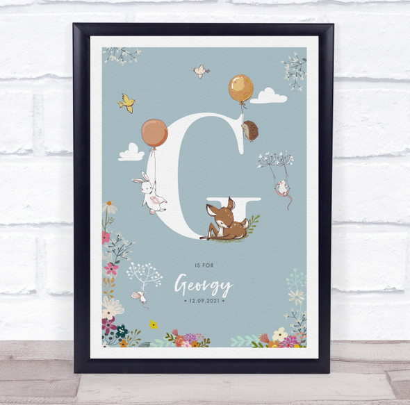 New Baby Birth Details Christening Nursery Woodland Animals Initial G Gift Print