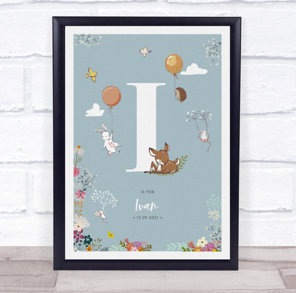 New Baby Birth Details Christening Nursery Woodland Animals Initial I Gift Print