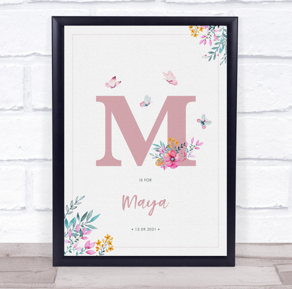 Pink Initial M Watercolour Flowers Baby Birth Details Nursery Christening Print