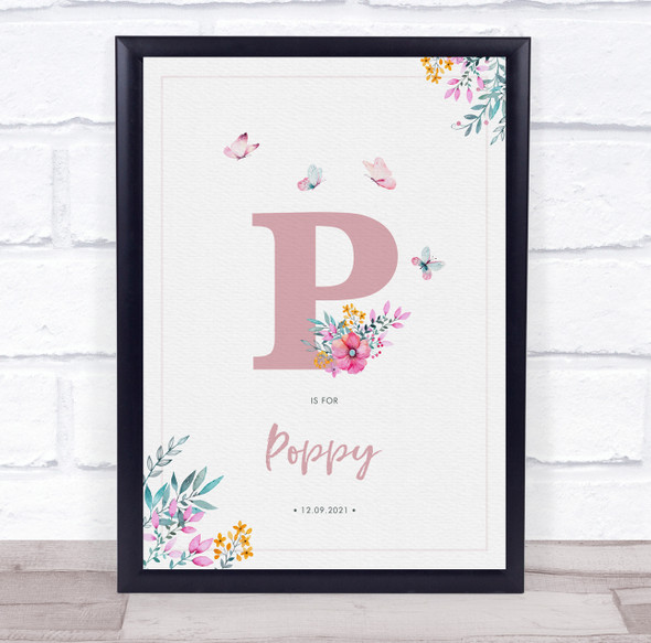 Pink Initial P Watercolour Flowers Baby Birth Details Nursery Christening Print