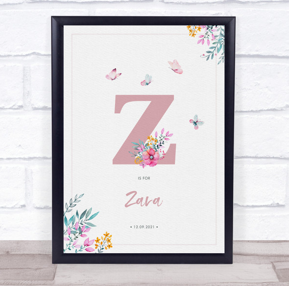 Pink Initial Z Watercolour Flowers Baby Birth Details Nursery Christening Print