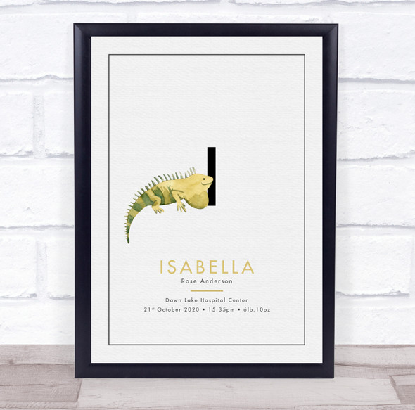 New Baby Birth Details Christening Nursery Initial Iguana I Keepsake Gift Print