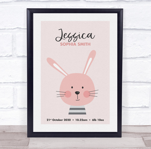 New Baby Birth Details Nursery Christening Cute Rabbit Face Keepsake Gift Print