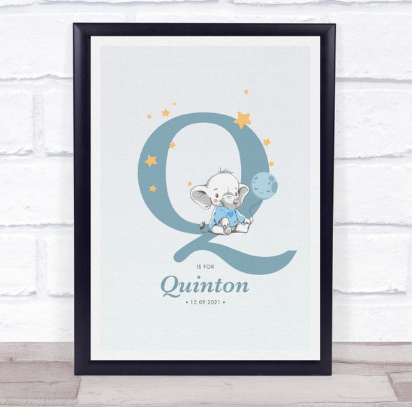 New Baby Birth Details Christening Nursery Blue Elephant Initial Q Gift Print