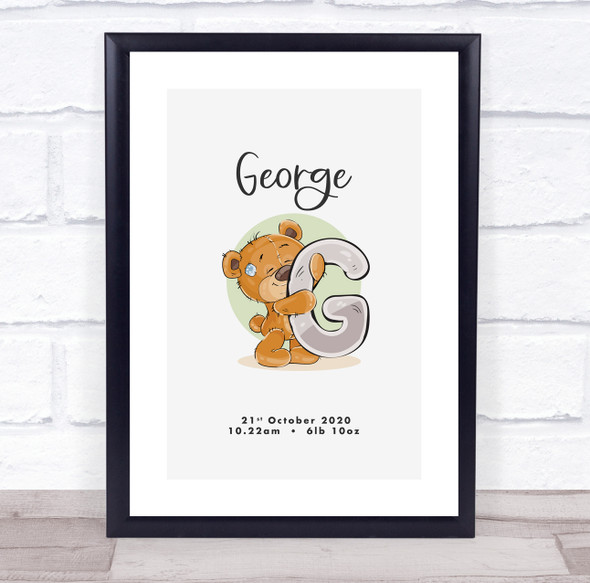 New Baby Birth Details Christening Nursery Bear Initial G Keepsake Gift Print