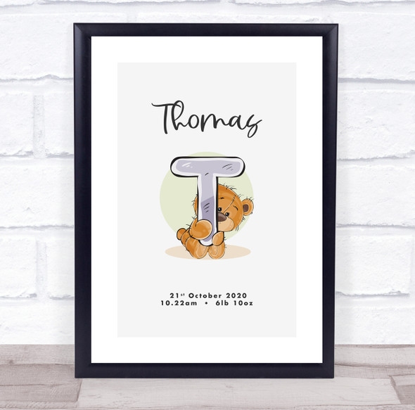 New Baby Birth Details Christening Nursery Bear Initial T Keepsake Gift Print