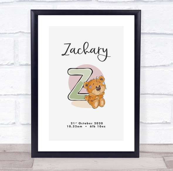 New Baby Birth Details Christening Nursery Bear Initial Z Keepsake Gift Print