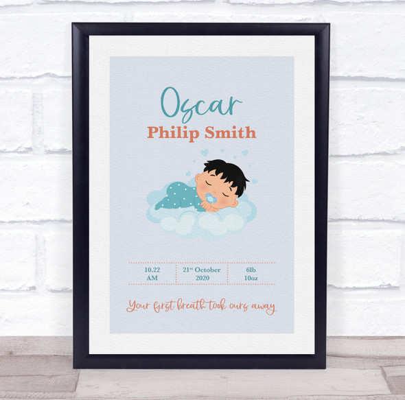 New Baby Birth Details Christening Nursery Black Hair Boy Keepsake Gift Print