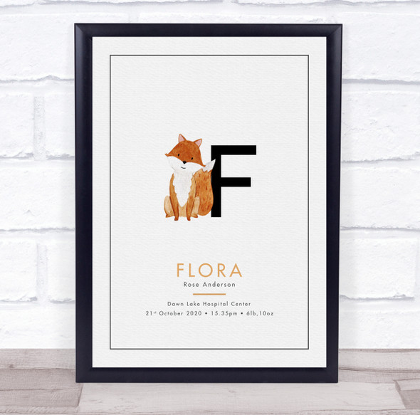 New Baby Birth Details Christening Nursery Initial F Fox Keepsake Gift Print