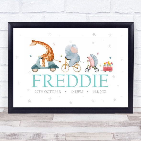 Birth Details Nursery Christening New Baby Animals Bike Keepsake Gift Print