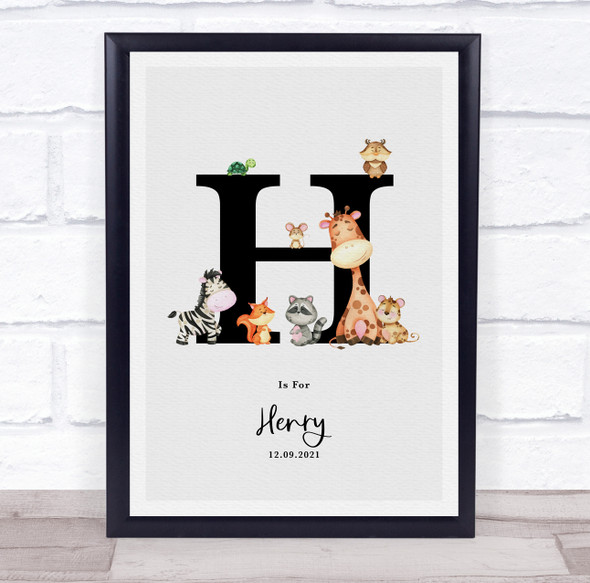 New Baby Birth Details Nursery Jungle Animals Initial H Keepsake Gift Print